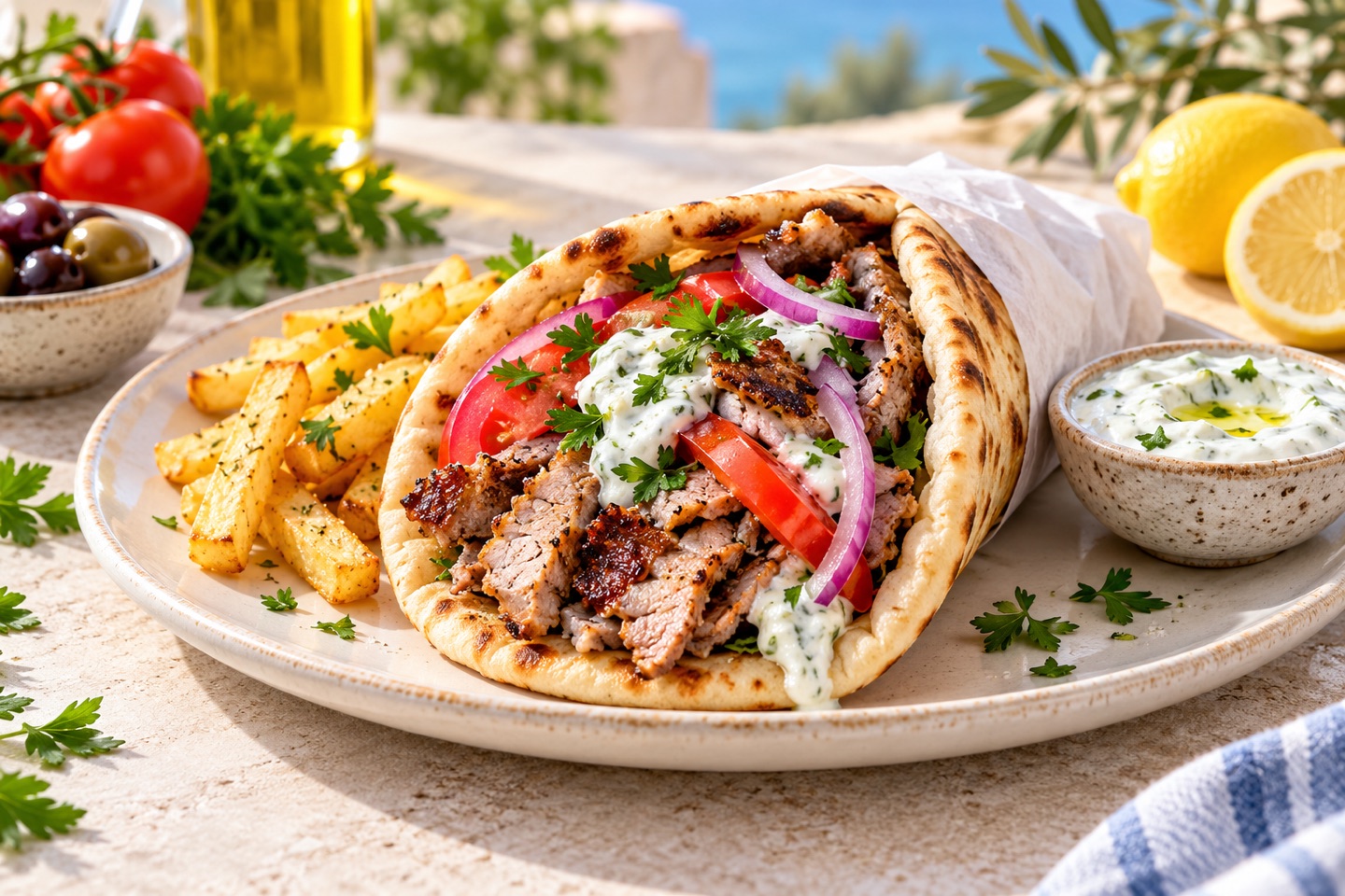 Illustrative greek grill & gyros food