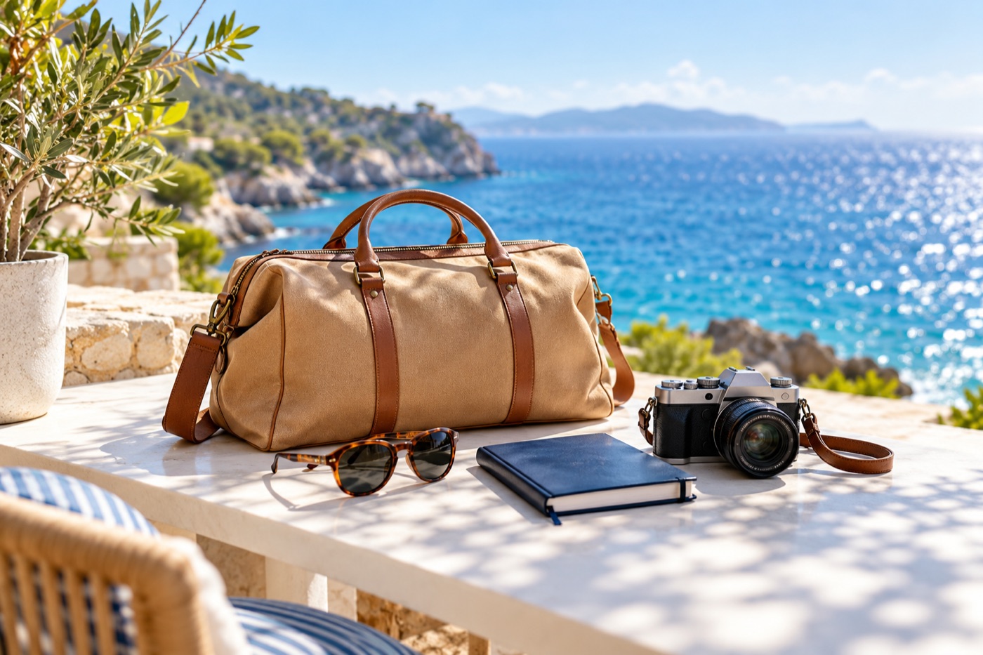 A weekend bag and travel essentials: illustrative image
